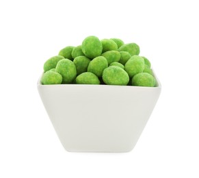 Photo of Wasabi coated peanuts in bowl isolated on white