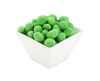 Photo of Wasabi coated peanuts in bowl isolated on white