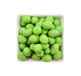 Photo of Wasabi coated peanuts in bowl isolated on white, top view