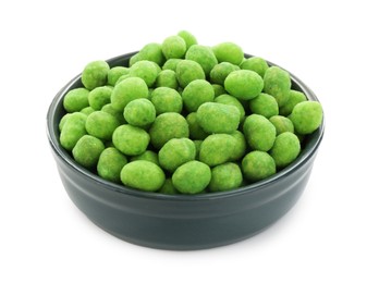 Photo of Wasabi coated peanuts in bowl isolated on white
