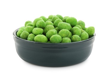 Photo of Wasabi coated peanuts in bowl isolated on white