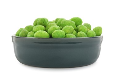 Photo of Wasabi coated peanuts in bowl isolated on white
