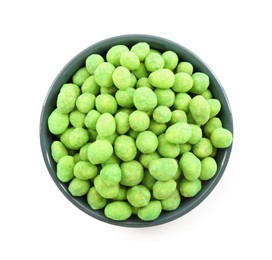 Photo of Wasabi coated peanuts in bowl isolated on white, top view