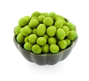 Photo of Wasabi coated peanuts in bowl isolated on white