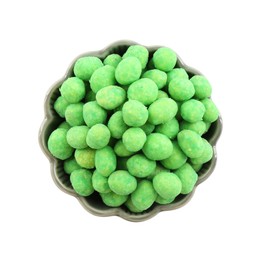 Photo of Wasabi coated peanuts in bowl isolated on white, top view