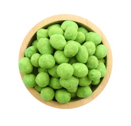 Photo of Wasabi coated peanuts in bowl isolated on white, top view