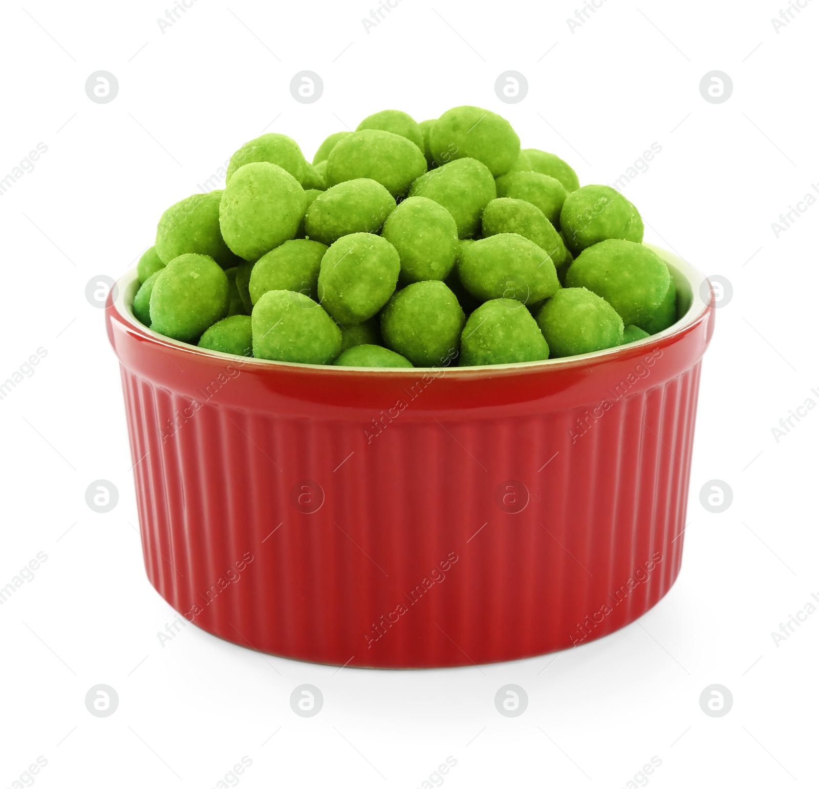 Photo of Wasabi coated peanuts in bowl isolated on white