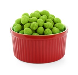 Photo of Wasabi coated peanuts in bowl isolated on white