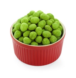 Photo of Wasabi coated peanuts in bowl isolated on white