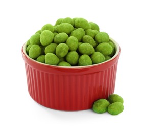 Photo of Wasabi coated peanuts in bowl isolated on white