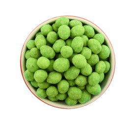 Photo of Wasabi coated peanuts in bowl isolated on white, top view