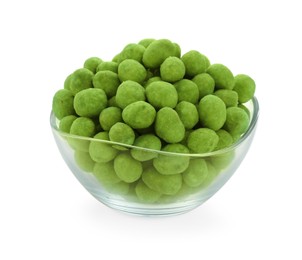 Photo of Wasabi coated peanuts in bowl isolated on white