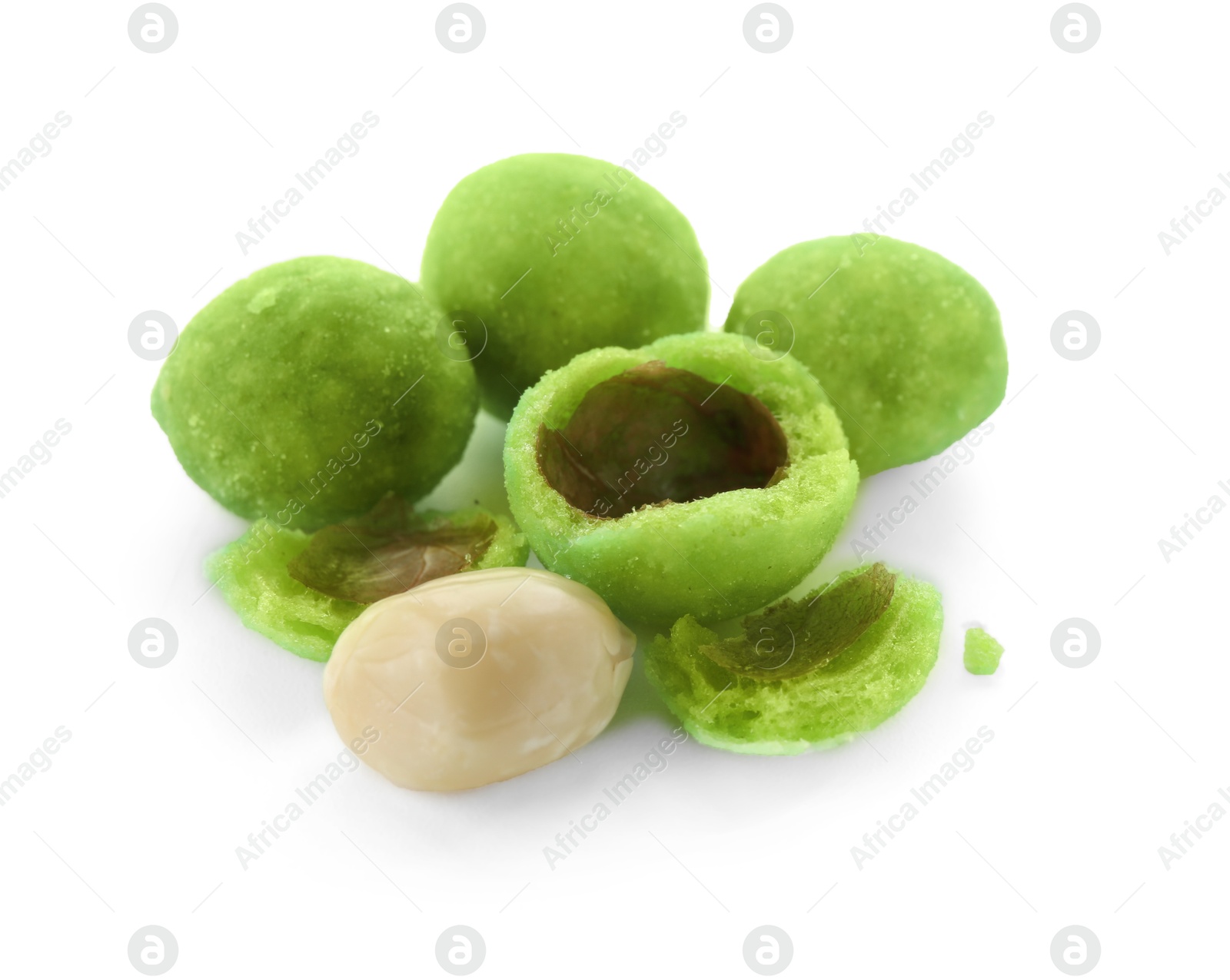 Photo of Tasty wasabi coated peanuts isolated on white