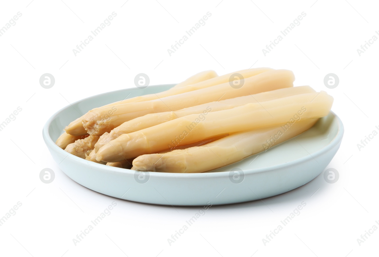 Photo of Spears of pickled asparagus isolated on white