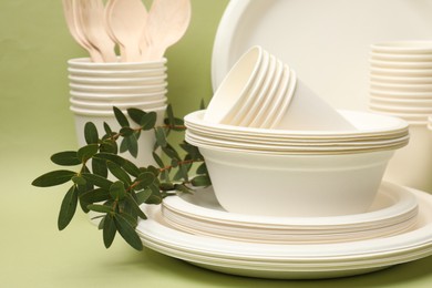 Photo of Disposable tableware and eucalyptus branches on green background, closeup