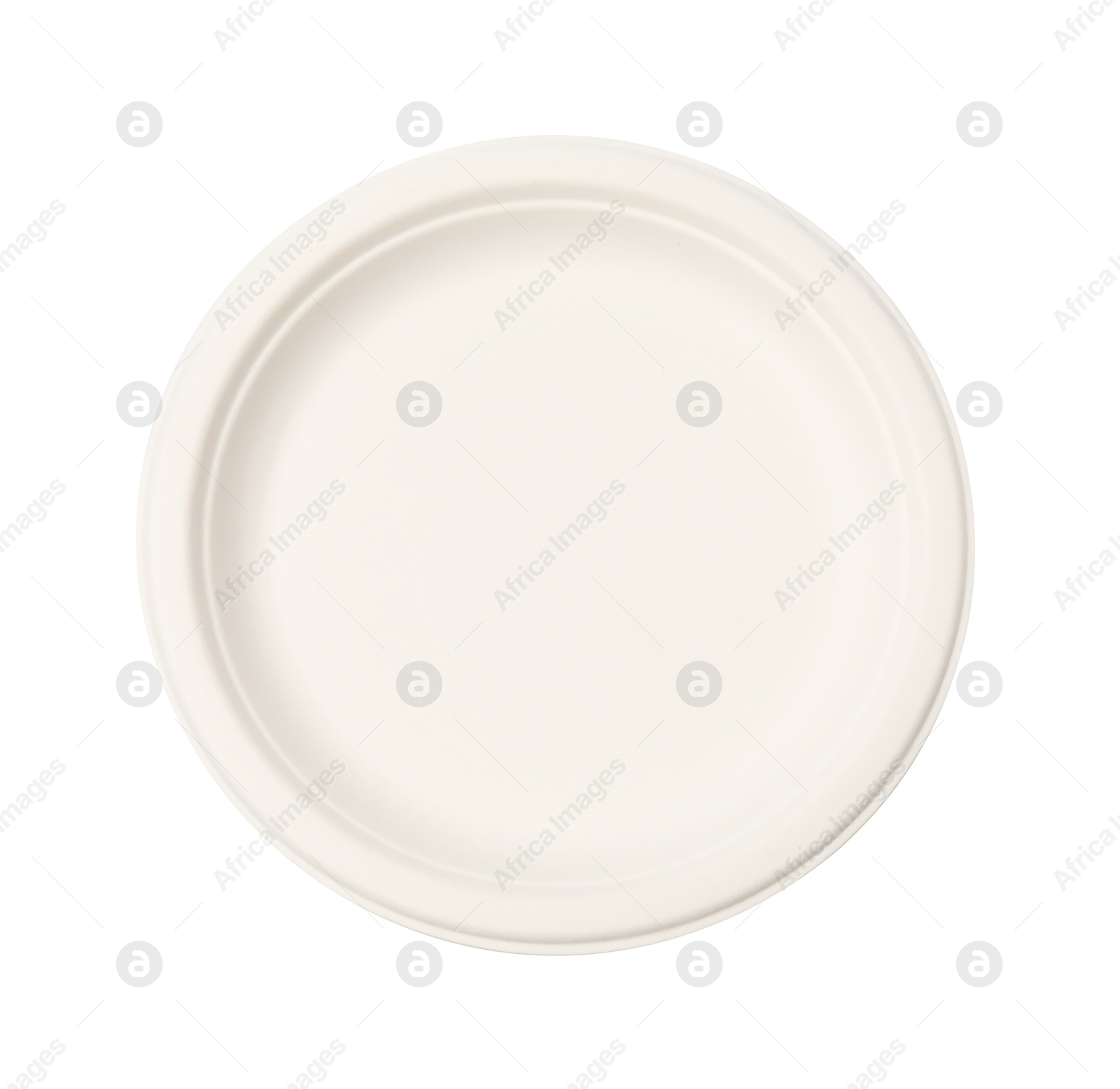 Photo of Disposable tableware. Paper plate isolated on white, top view