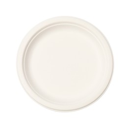 Photo of Disposable tableware. Paper plate isolated on white, top view
