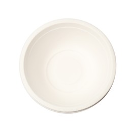 Photo of Disposable tableware. Paper bowl isolated on white, top view
