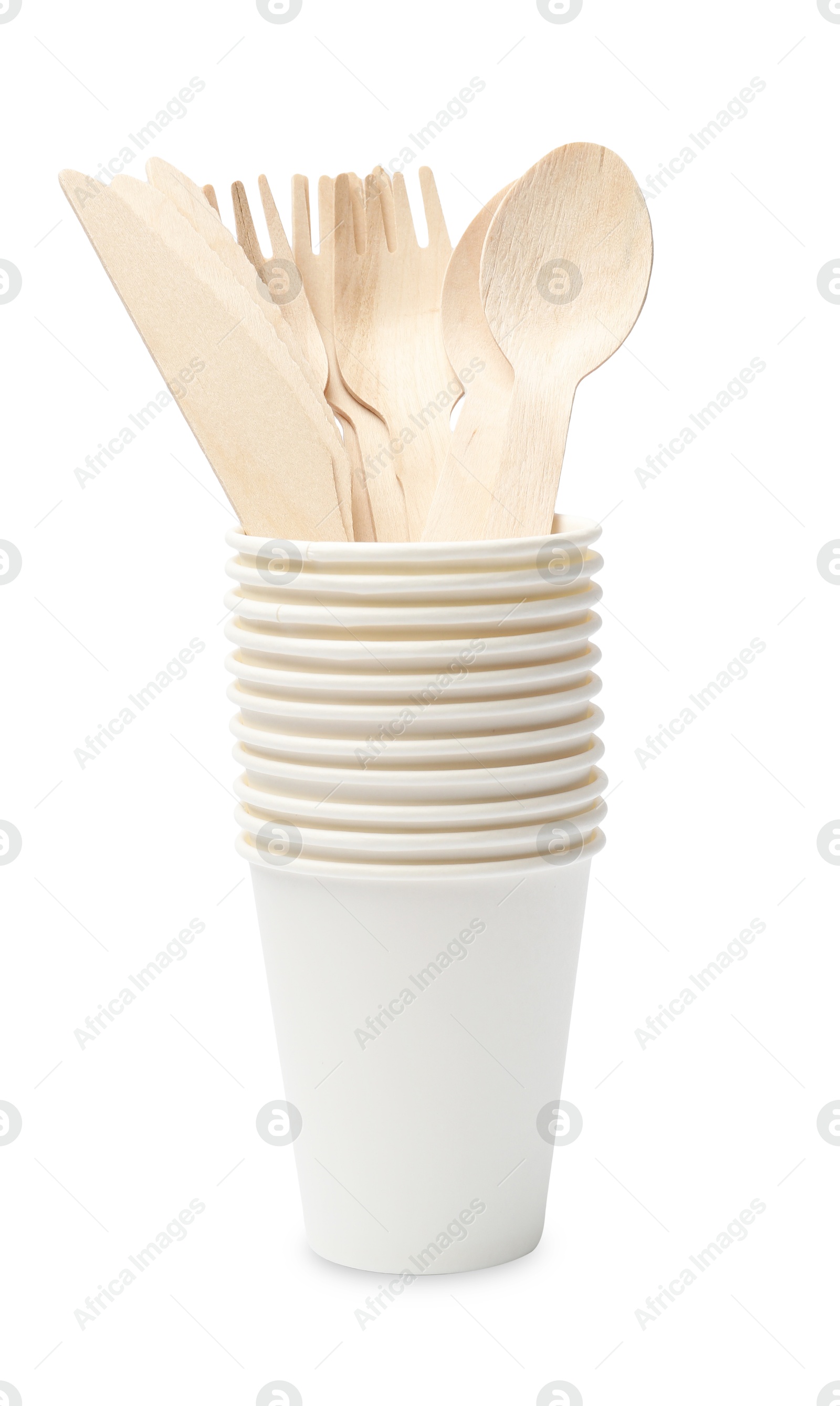 Photo of Disposable tableware. Stack of paper cups with cutlery isolated on white