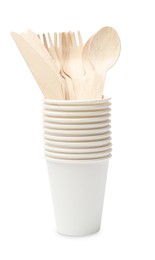 Photo of Disposable tableware. Stack of paper cups with cutlery isolated on white