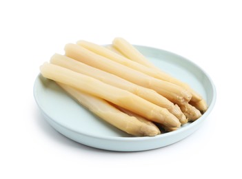 Photo of Spears of pickled asparagus isolated on white