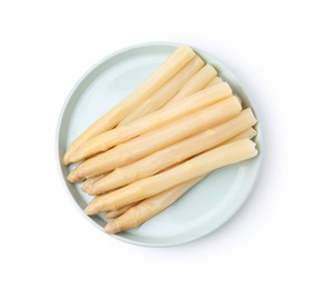 Photo of Spears of pickled asparagus isolated on white, top view