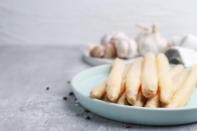 Photo of Pickled asparagus and spices on grey table, closeup. Space for text