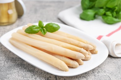 Photo of Pickled asparagus spears with basil on grey table, closeup