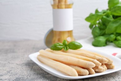 Photo of Pickled asparagus spears with basil on grey table, closeup