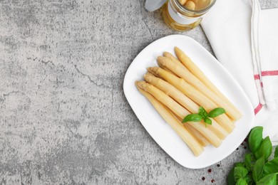 Photo of Pickled asparagus, basil and spices on grey table, flat lay. Space for text
