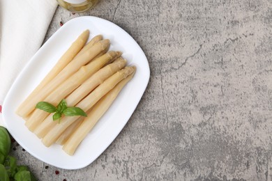 Photo of Pickled asparagus, basil and spices on grey table, flat lay. Space for text