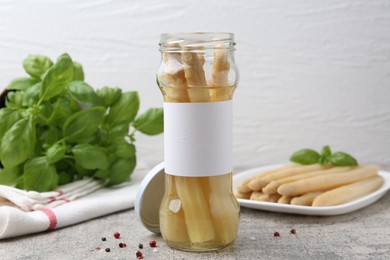 Photo of Pickled asparagus, spices and basil on light grey table, closeup