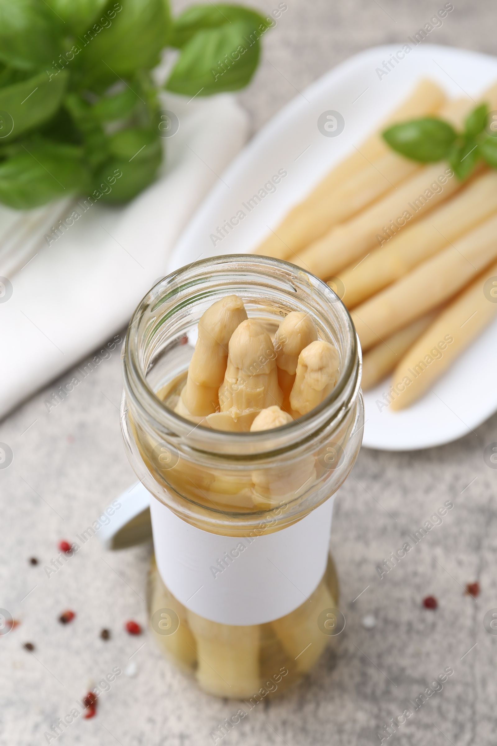 Pickled asparagus, spices and basil on light grey table, closeup Photo of Pickled asparagus, spices and basil on light grey table, closeup