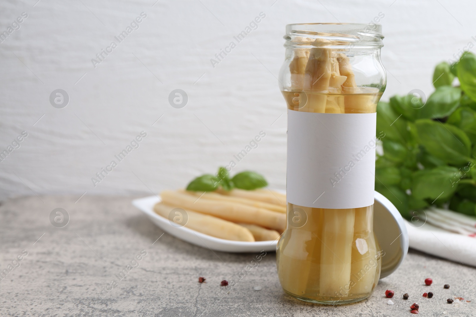 Pickled asparagus, spices and basil on light grey table, closeup. Space for text Photo of Pickled asparagus, spices and basil on light grey table, closeup. Space for text