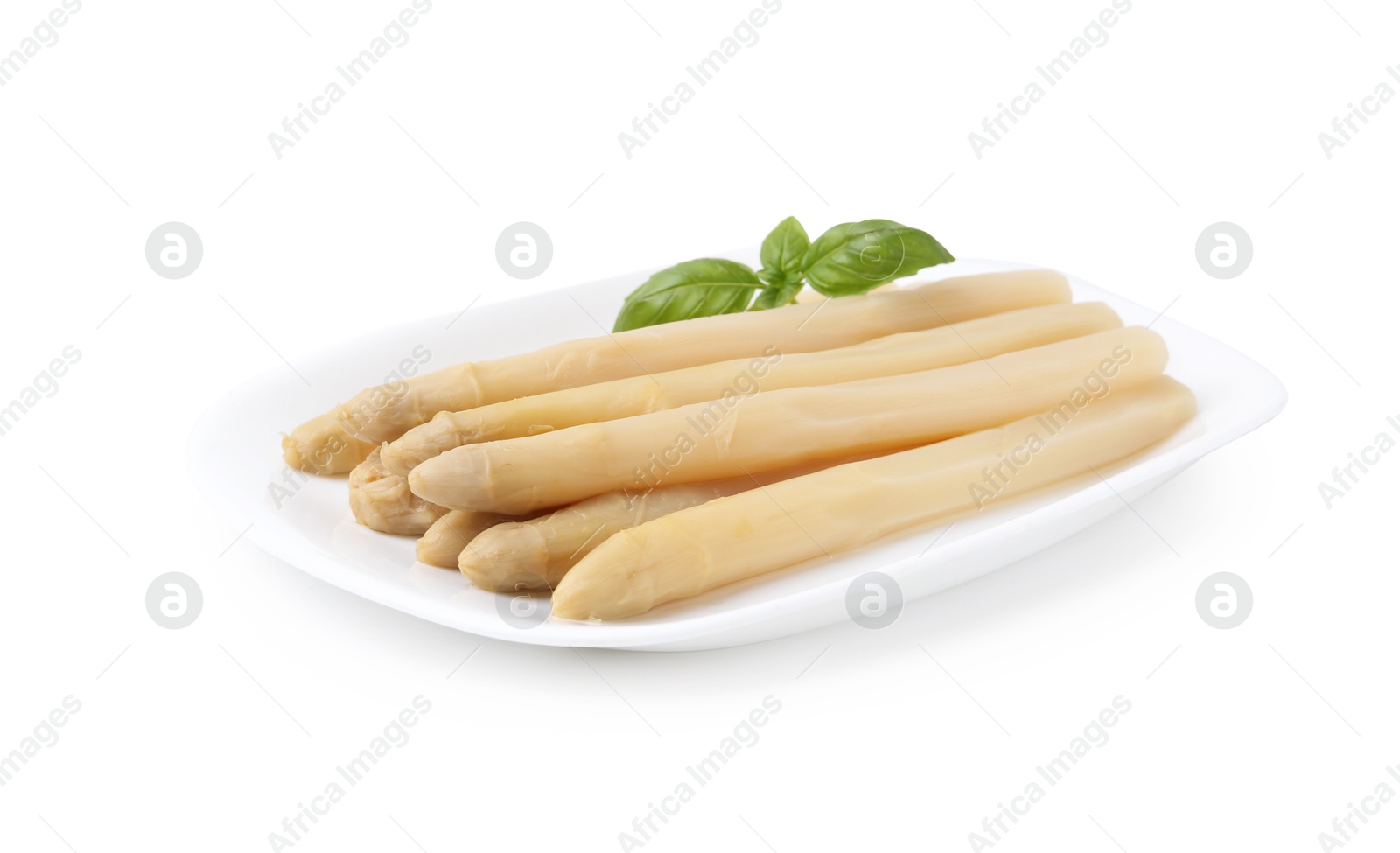 Pickled asparagus spears with basil isolated on white Photo of Pickled asparagus spears with basil isolated on white