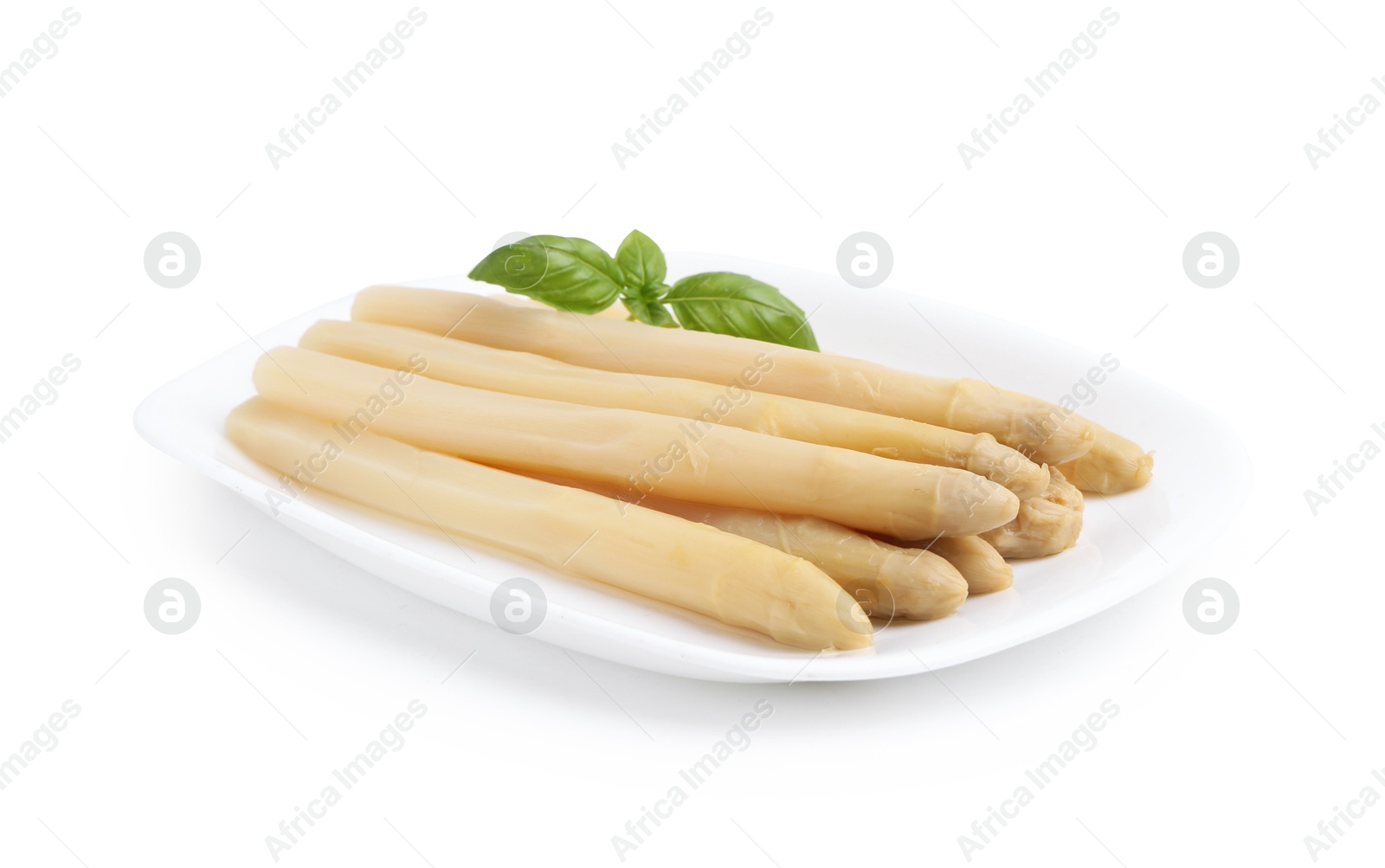 Pickled asparagus spears with basil isolated on white Photo of Pickled asparagus spears with basil isolated on white