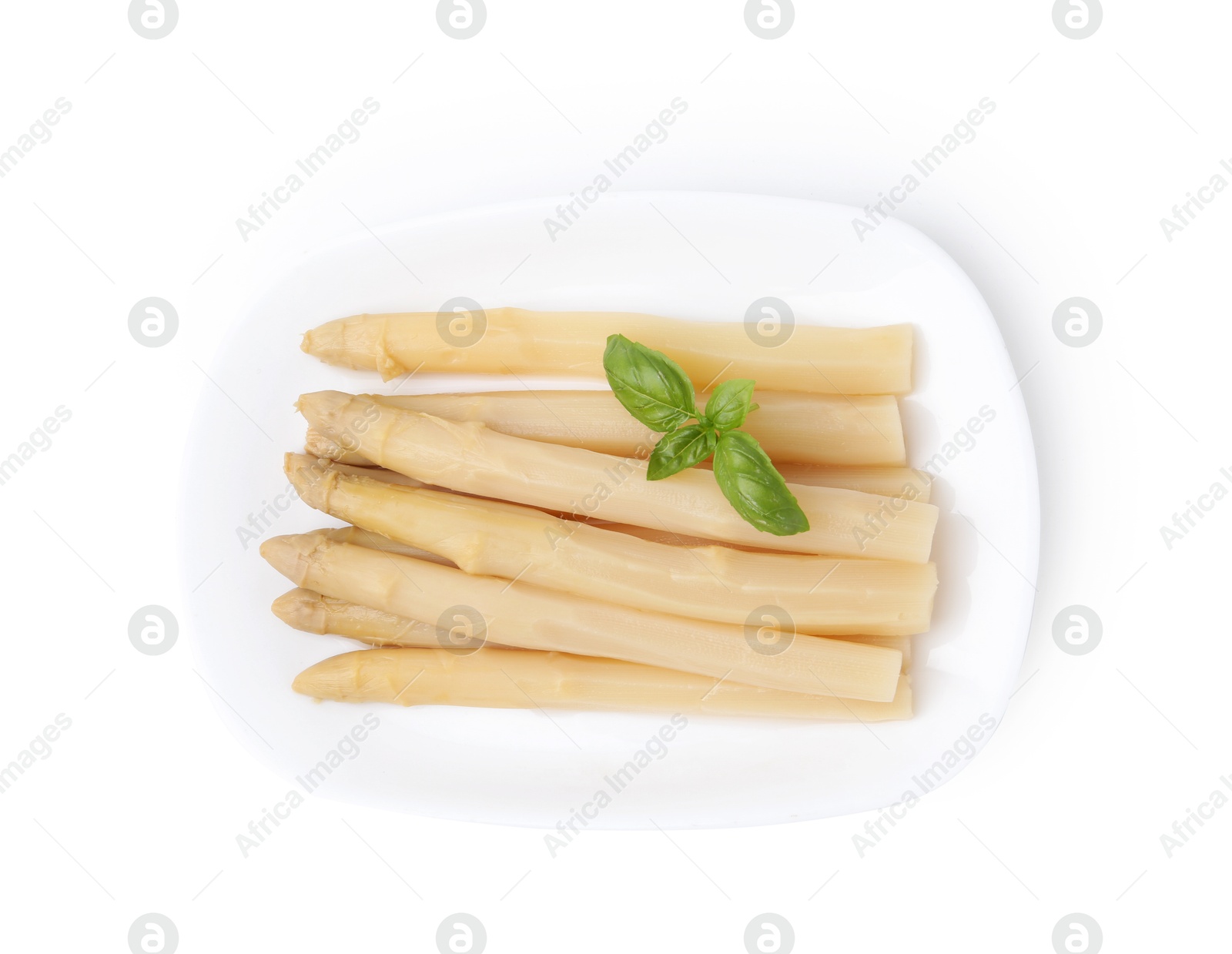Pickled asparagus spears with basil isolated on white, top view Photo of Pickled asparagus spears with basil isolated on white, top view
