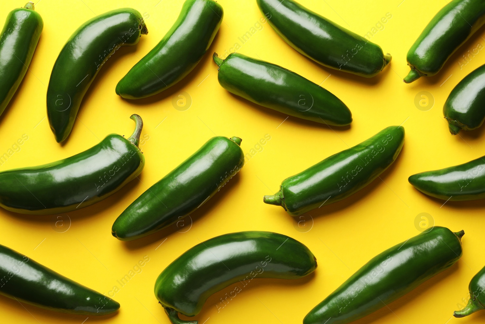Green jalapeno peppers on yellow background, flat lay Photo of Green jalapeno peppers on yellow background, flat lay