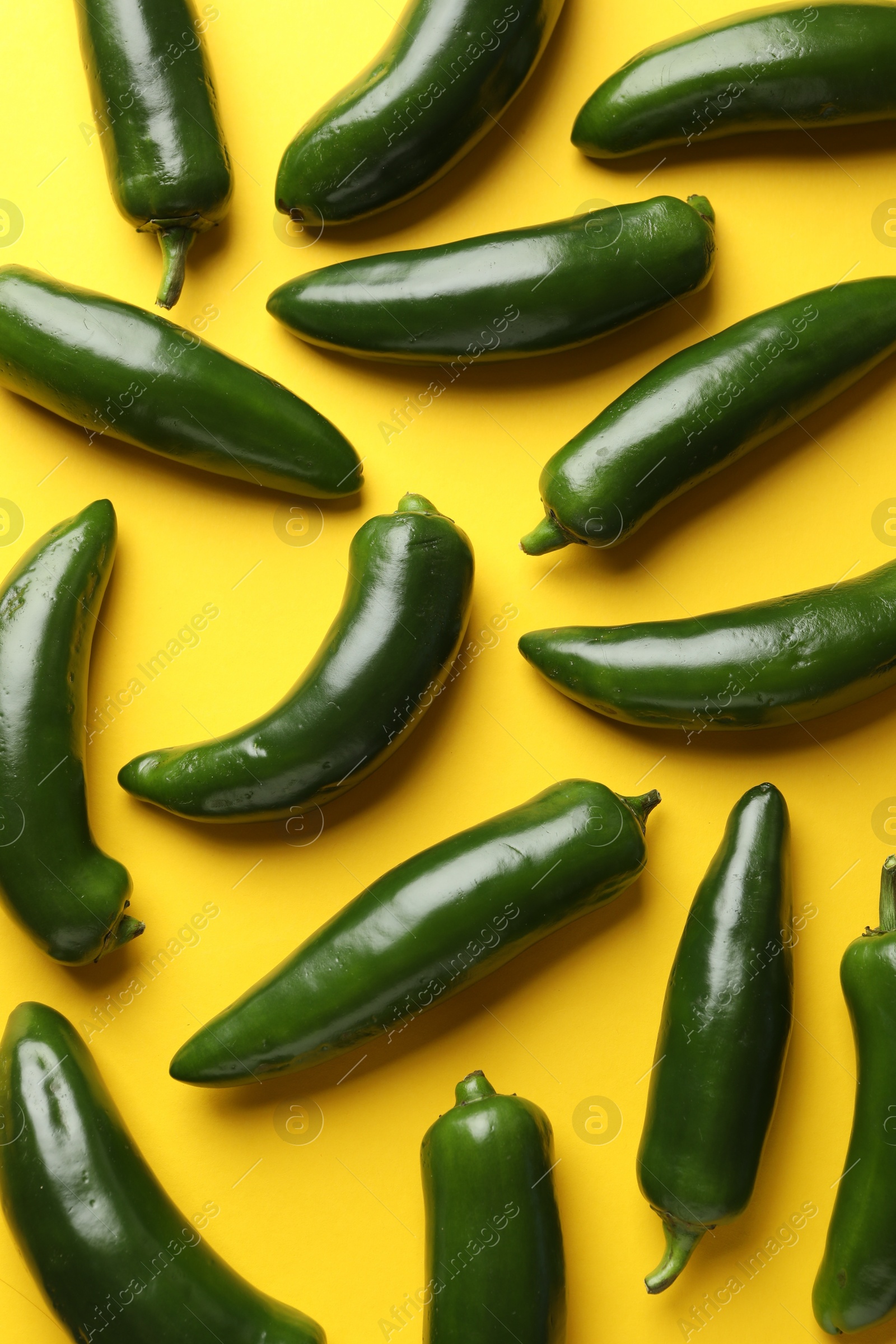 Green jalapeno peppers on yellow background, flat lay Photo of Green jalapeno peppers on yellow background, flat lay