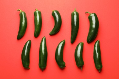 Photo of Green jalapeno peppers on red background, flat lay