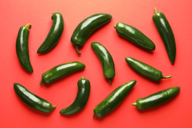 Photo of Green jalapeno peppers on red background, flat lay