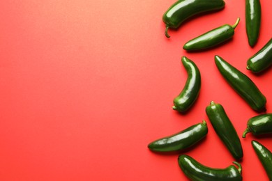 Photo of Green jalapeno peppers on red background, flat lay. Space for text