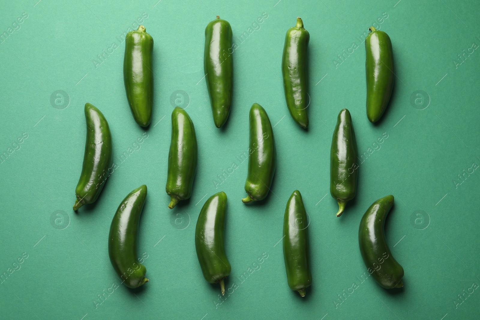 Ripe jalapeno peppers on green background, flat lay Photo of Ripe jalapeno peppers on green background, flat lay
