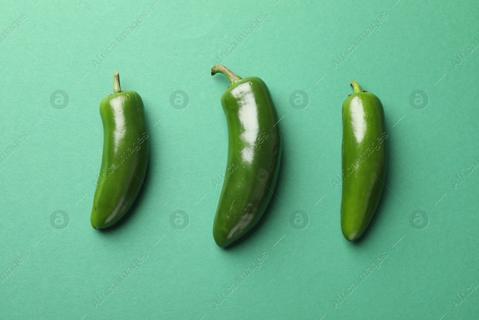 Photo of Ripe jalapeno peppers on green background, flat lay