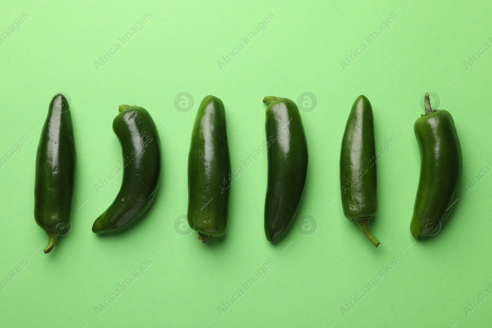 Ripe jalapeno peppers on light green background, flat lay Photo of Ripe jalapeno peppers on light green background, flat lay