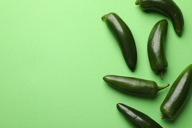 Photo of Ripe jalapeno peppers on light green background, flat lay. Space for text