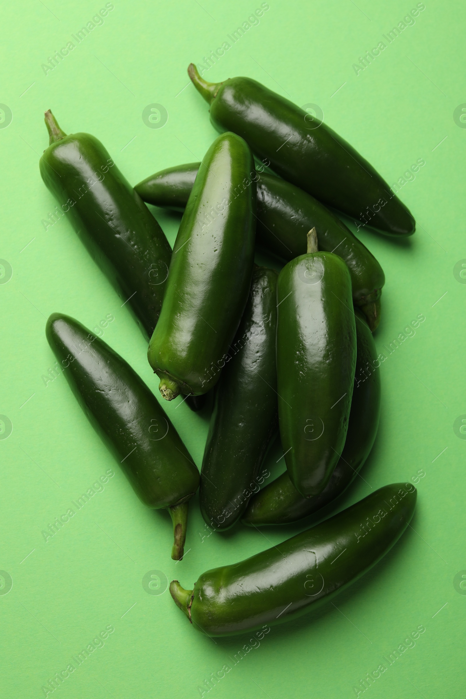 Photo of Ripe jalapeno peppers on light green background, flat lay