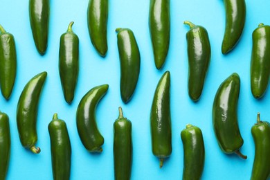Photo of Green jalapeno peppers on light blue background, flat lay