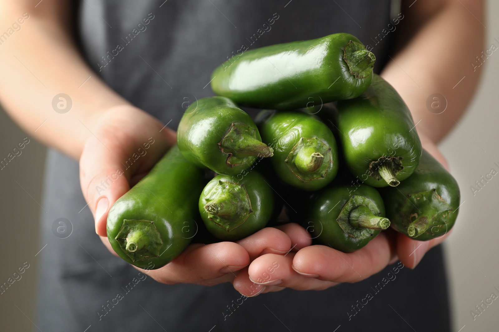 Woman with ripe green jalapeno peppers on light background, closeup Photo of Woman with ripe green jalapeno peppers on light background, closeup