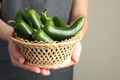 Photo of Woman with ripe green jalapeno peppers on light background, closeup